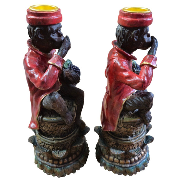 Vtg 2 Pc Speak No Evil Bell Hop Carnival Butler Monkeys Candle Holders 8” - Picture 4 of 13